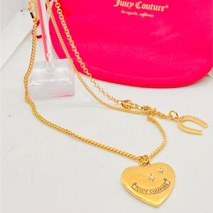NWOT, JUICY COUTURE Gold Tone Heart Rhinestone Charm Necklace 16”